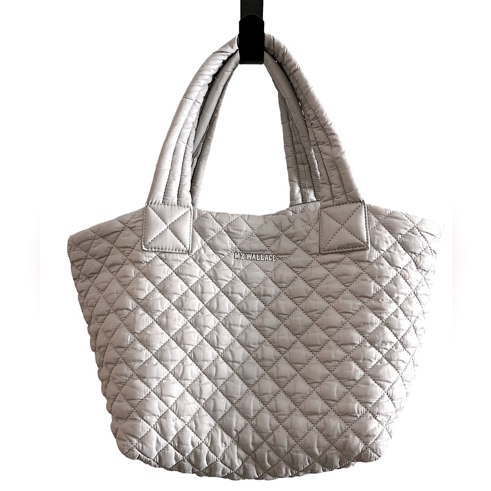 MZ WALLACE METRO TOTE MEDIUM QUILTED LIGHT GRAY HANDLES BAG PURSE